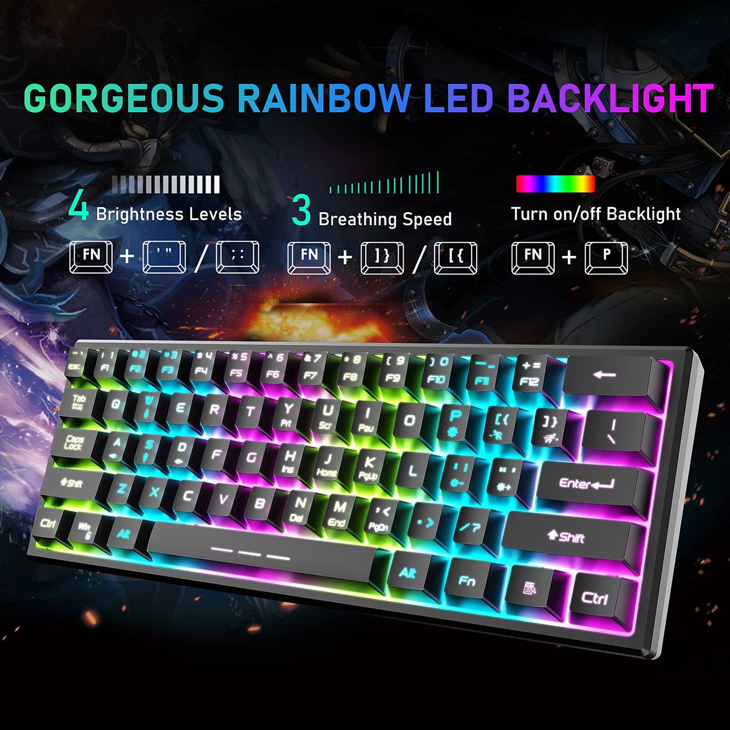 ZIYOU LANG T61 Wireless Gaming Keyboard and Mouse Combo with Ergonomic 61 Key Rainbow LED Backlight Anti-ghosting Mechanical Feel Rechargeable 4000mAh Battery Mouse Pad for PC MAC Gamer Typists(Black)