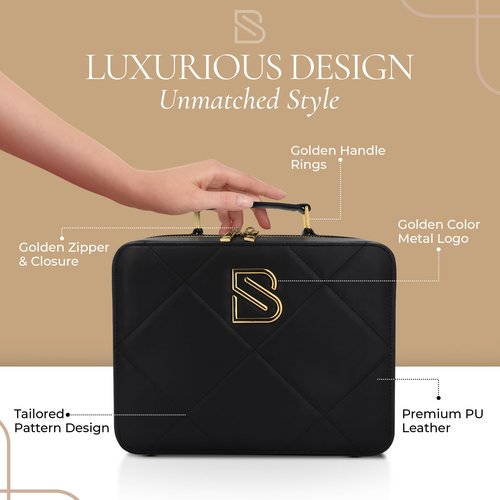 BAREZ Premium PU Leather Makeup Bag With LED Mirror - 3 Brightness Mirror Light Settings - Adjustable Dividers - Removable Mirror Waterproof Cosmetic Travel Bag (Black)