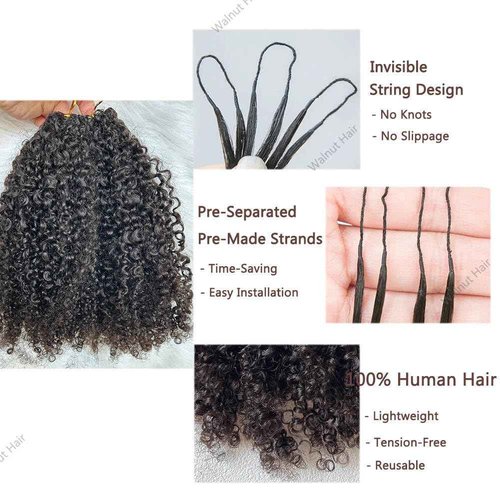 Knotless Pre Separated Crochet Human Hair Extensions Afro Kinky Curly Mongolian Virgin Braiding Hair Invisible Pre Looped Feather Braids Bundles For Black Women Walnut Hair 22inch 60g