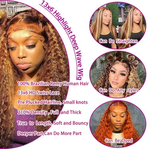 LAINSS Highlight 13x6 Deep Wave Lace Front Wigs Human Hair 4/27 Ombre Curly HD Transparent Lace Frontal Wig Pre Plucked Glueless Wig human hair 210% Density Wet and Wavy Curly Wigs 18 Inch