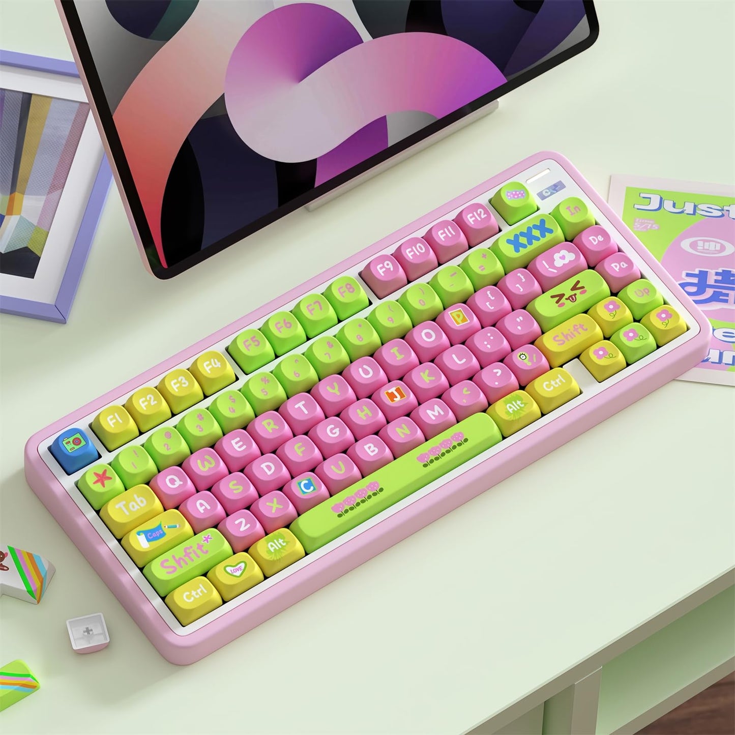 ZMX Cute PBT Keycaps,Kawaii Dye-Sub Custom Keycaps SOA Profile 136 Keys Full Size Keycap Set for 60% 65% TKL Full Size Cherry MX Switch ANSI Layout Mechanical Gaming Keyboard Creamy Keycaps (01)
