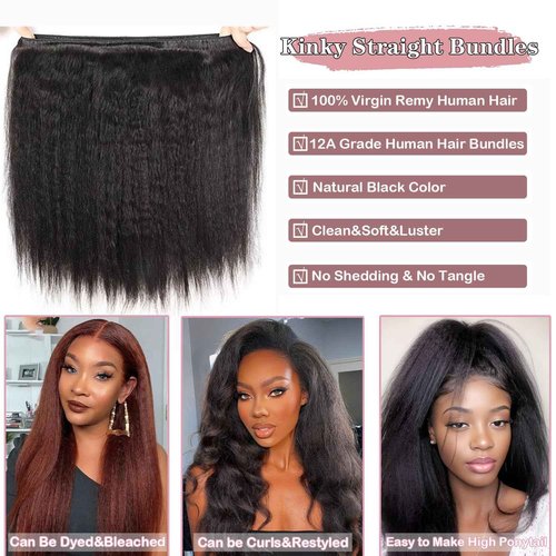 Releek Kinky Straight Hair Bundles Yaki Straight 3 Bundles Human Hair 16 18 20 Inch 12A 100% Unprocessed Brazilian Kinkycurly Bundles Human Hair Weave Bundles Human Hair Extensions Natural Black