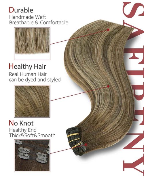 SAFIRENY Clip in Hair Extensions Real Human Hair Balayage Chocolate Brown To Caramel Blonde 18 Inch 120g Natural Straight Clip On Hair Extensions 6pcs Per Set with 18 Clips (#4/27/4,18")
