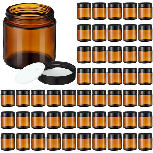 50 Pcs 2 oz Amber Glass Jars with Black Lids Leakproof Round Airtight Jars Empty Cosmetic Jars with Inner Liners Lid for Candle Making Storing Lotions Spice Powder Liquid Sample Makeup (Black,Amber)