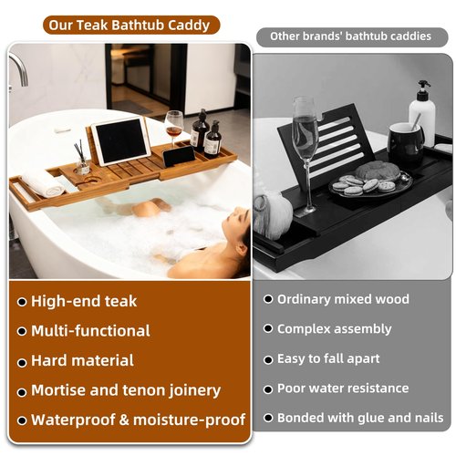 Boflay Expandable Teak Bathtub Tray - Luxury Wooden Bath Caddy & Tub Shelf, Over-The-Tub Bath Table with Book & Wine Glass Holder, Waterproof Bathroom Organizer for Spa Experience