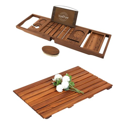 Teak Bathtub Tray and Teak Shower Mat L Bundle