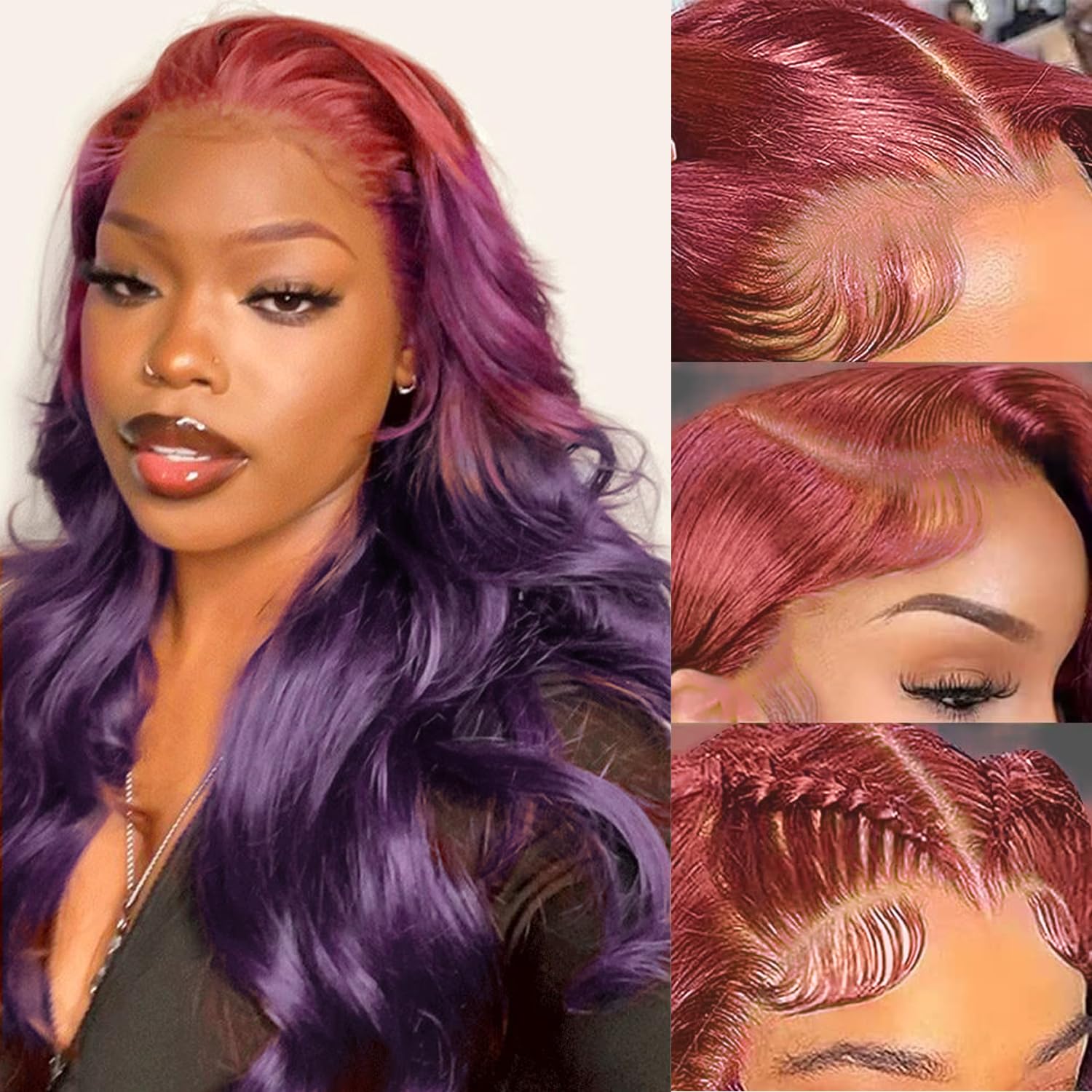 GGEDUO Dark Purple Ombre Lace Front Wig Human Hair Body Wave Burgundy Ombre 13x4 HD Glueless Lace Front Wigs 3 Tone Pink to Red and Purple Colored for Fashion Women 180% Density 18 Inch
