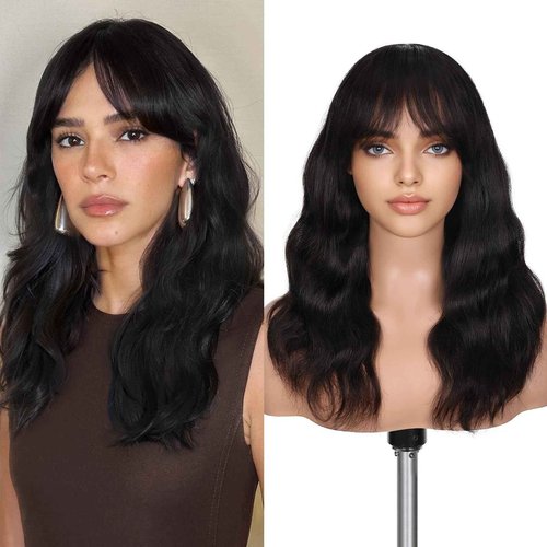 FAVE 16 Inch Human Hair Wig with Bangs 1×3 HD Lace Top Glueless Bang Wig Human Hair for Women, Natural Waves Looking,Beginner Friendly(Natural Color)