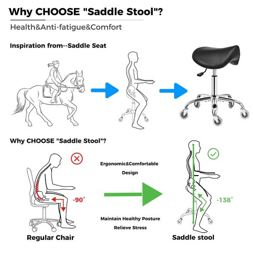 BEWISHOME Saddle Stool with Wheels, Swivel Adjustable Rolling Stool, 450lbs Heavy Duty PU Leather Wide Thick Seat Padding Ergonomic Chair for Beauty Salon Spa Clinic(Black) BMD01B