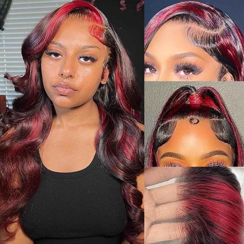 KeepMe Burgundy Lace Front Wigs Human Hair 1B/99J Highlight Wig Human Hair 13x4 Body Wave Lace Front Wigs Human Hair Pre Plucked 200% Density Red Wig Human Hair for Women 18 Inch
