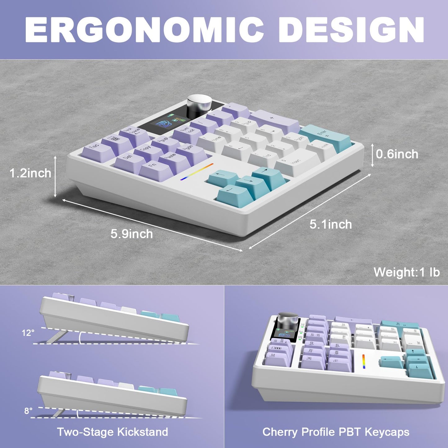 ZMX X BOYI TD31Pro Mechanical Number Pad,30 Keys Hot Swap Wireless BT5.0/2.4GHz/Type-C Wired Numeric Keypad Programmable RGB Gaming Numpad Keyboard with Knob Screen for Laptop/Mac (White-Purple)