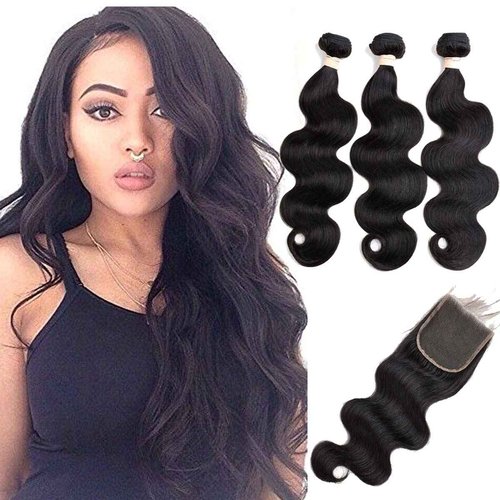 Beauhair Body Wave Human Hair Bundles with Closure 18 20 22 with 18"Closure 8A Brazilian 100% Unprocessed Brazilian Virgin Hair Body Wave 3 Bundles with Free Part 4X4 Lace Closure Natural Color