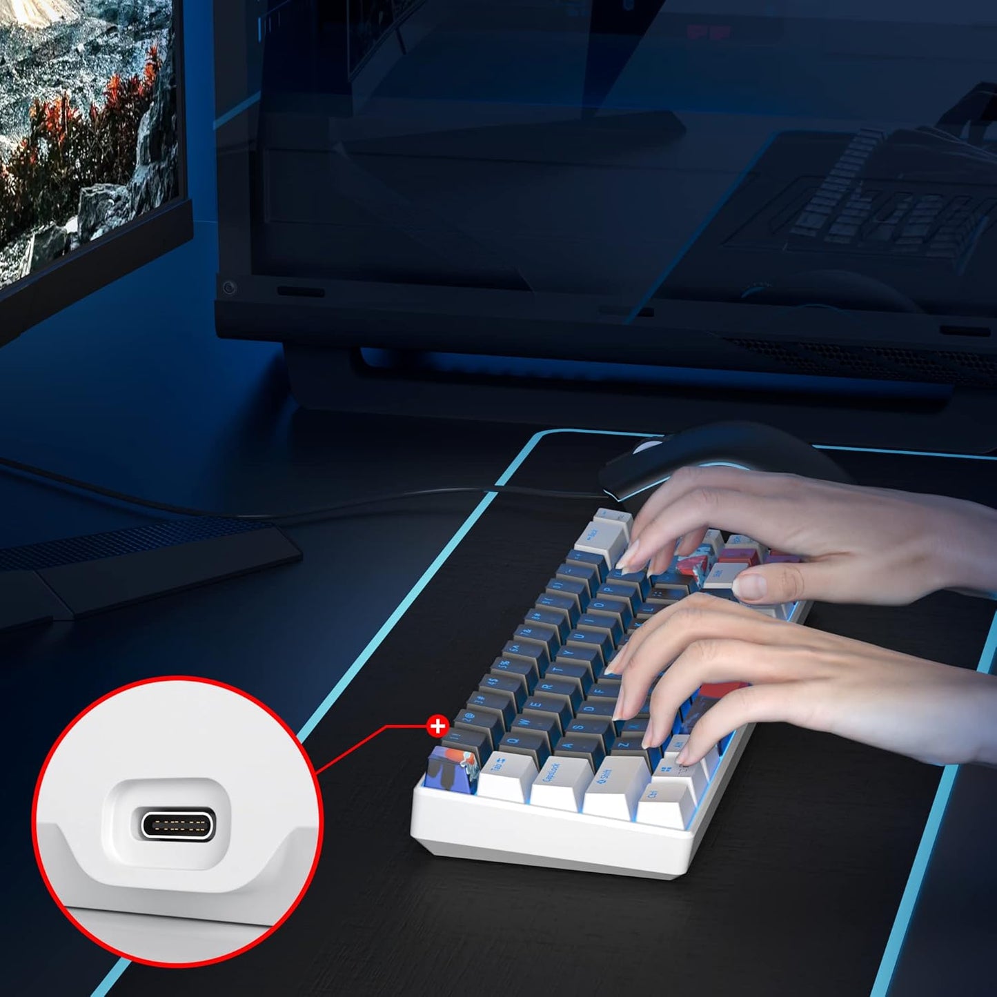 60 Percent Gaming Keyboard 60% Mechanical Keyboard LED Backlit Ultra Compact Wired Keyboard with Red Switch for Windows Laptop Gamer(61 Blue Samurai)