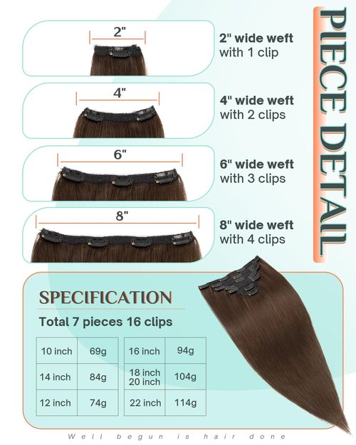 Benehair Clip in Hair Extensions Real Human Hair 22inch Double Weft Dark Brown Hair Extensions Clip in Human Hair Invisible Lace Weft Straight Hair Extensions Clip ins 7pcs with 16 Clips 130g #2