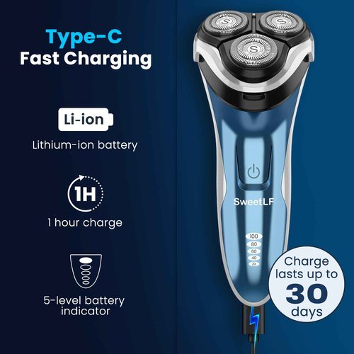 Waterproof Men’s Electric Shaver with Travel Case, Powerful & Quiet, Type C Fast Charge (60min Charge, 120min Use), Precision Trimmer (Blue)