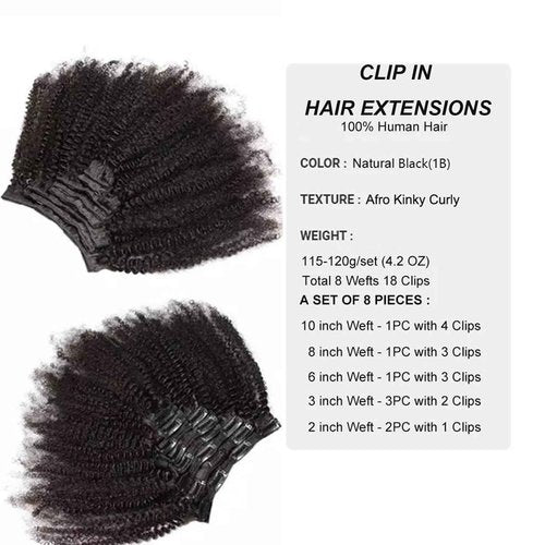 QiaQiaRing Afro Kinky Curly Clip Ins Human Hair 20inch Hair Extensions for African Americans 4B 4C Real Human Hair Double Weft Afro Curly Clip in Hair Extensions 8Pcs18Clips 1B Black Color (20inch)