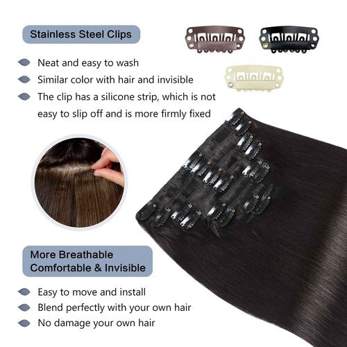 Sunya Clip in Hair Extensions Real Human Hair Natural Black Human Hair Clip in Extensions Double Weft Straight Hair 16 Inch #1B 8Pcs/120g
