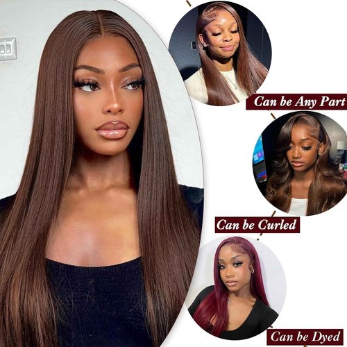 Dark Brown Human Hair Bundles with Closure (14 16 18with 14Free) Chocolate Brown Straight Hair 3Bundles with 4x4 Lace Closure Double Machin Weft Brown Bundles Human Hair