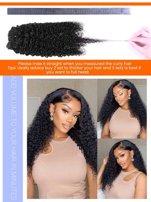 HDENSE Curly Human Hair Clip in Extensions Brazilian Virgin For Women Soft Double Weft Natural Black Color 3B 3C Kinky Curly Clip Ins 8Pcs 4.23oz 16Inch