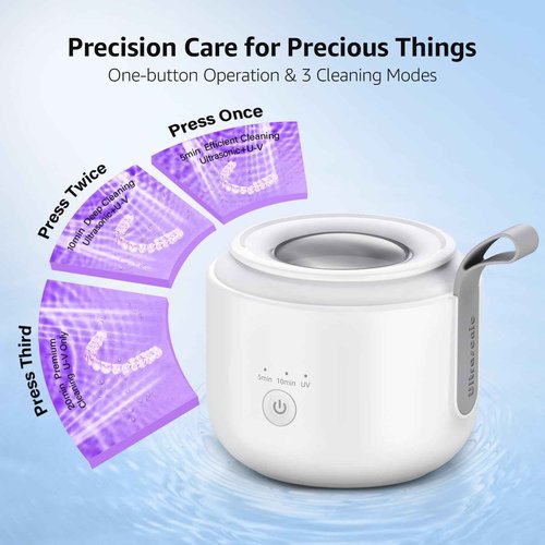Guyyr Ultrasonic Retainer Cleaner Machine: 48kHz Rechargeable Cordless Denture Cleaner - Waterproof Ultrasonic Jewelry Cleaner - 200ML Dental Cleaning Pod for Mouth Guard, Aligner, White
