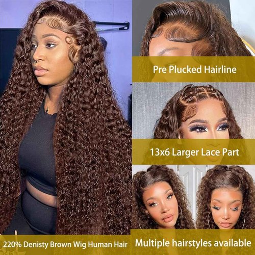 BIANFA Chocolate Brown Lace Front Wig Human Hair 220% Density 13x6 Deep Wave Lace Front Wigs Colored Curly Human Hair Wigs for Women with baby hair（22inch）