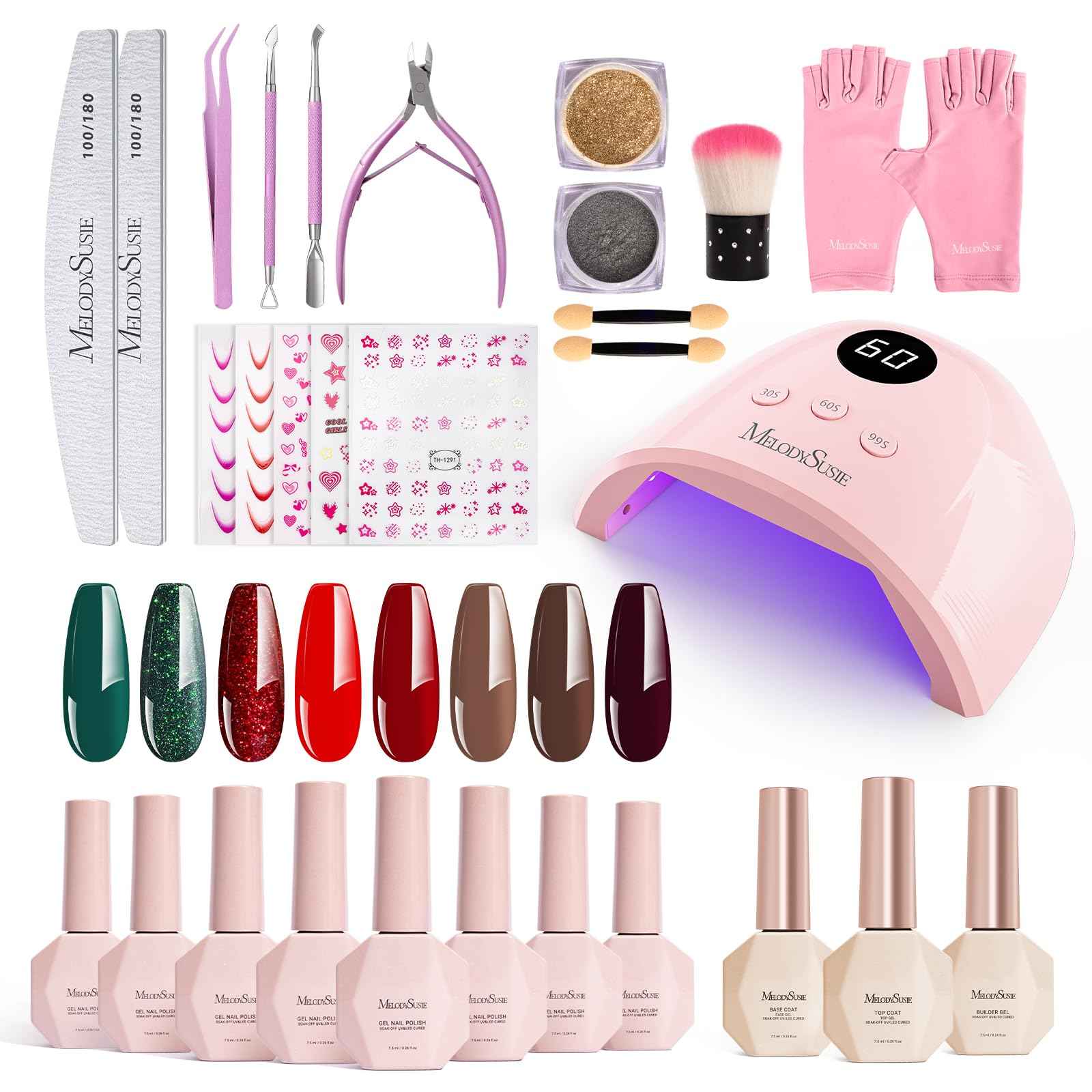 MelodySusie Gel Nail Polish Kit with UV Light P-PLUS30F- Popular Color Gel with Builder and Baser &Glossy Top Coat Soak Off Includes Nail Art Tools Nail Art Gift for Women & Girls