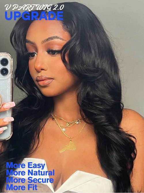 Nadula Yaki Wavy V Part Drawstring Wig Human hair with Blow Out Bangs, Glueless EasiContour Vpart Wigs No Leave Out Beginner Friendly Clip In V Shape Wigs Upgrade Wavy U Part Wig 150% Density 16inch