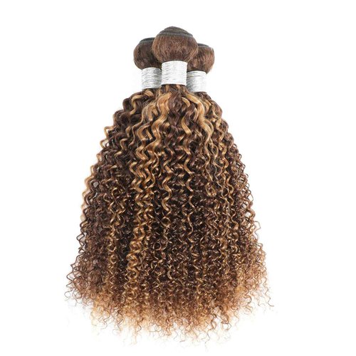 AUROO Honey Blonde Highlight Tight Kinky Curly Single Bundles Human Hair 22Inch, 100% Virgin Remy 12A Brazilian Curly Weave Bundles Human Hair Thick Track P4/27 Ombre Brown Colored Kinky Curly Bundles
