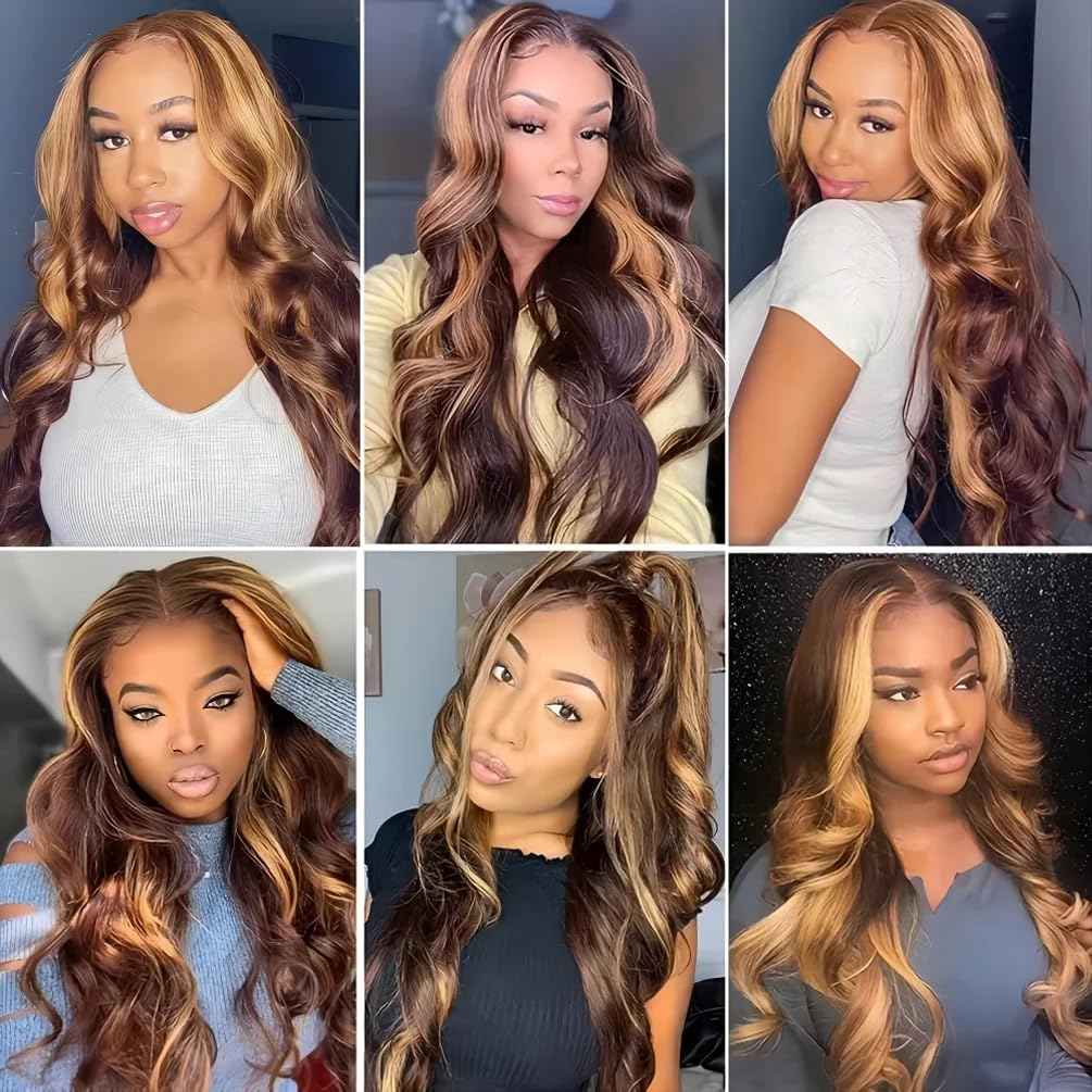 Highlight Human Hair Bundles Body Wave P4/27 Ombre Brown Body Wave Bundles Colored (14 16 18 Inches) Honey Blonde Human Hair Brazilian Virgin Hair Weave 100% Natural Herbal Dyeing