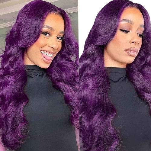 haha Deep Purple Lace Front Wig Human Hair 13X6 Hd Lace Frontal Wig Dark Purple Human Hair Wig Colored Glueless Body Wave Transparent Lace Front Grape Purple Wig For Women 180% Density 26 Inch
