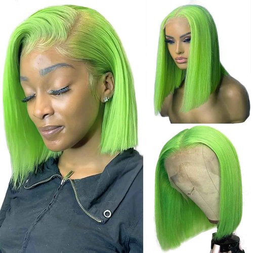 Bob Wig Human Hair Lace Front Wigs Lime Green 13x4 HD Lace Front Wigs Human Hair Pre Plucked Glueless Wigs for Black Women 8 Inch Bob Wig Brazilian Virgin Human Hair Lace Front Wigs 180% Density