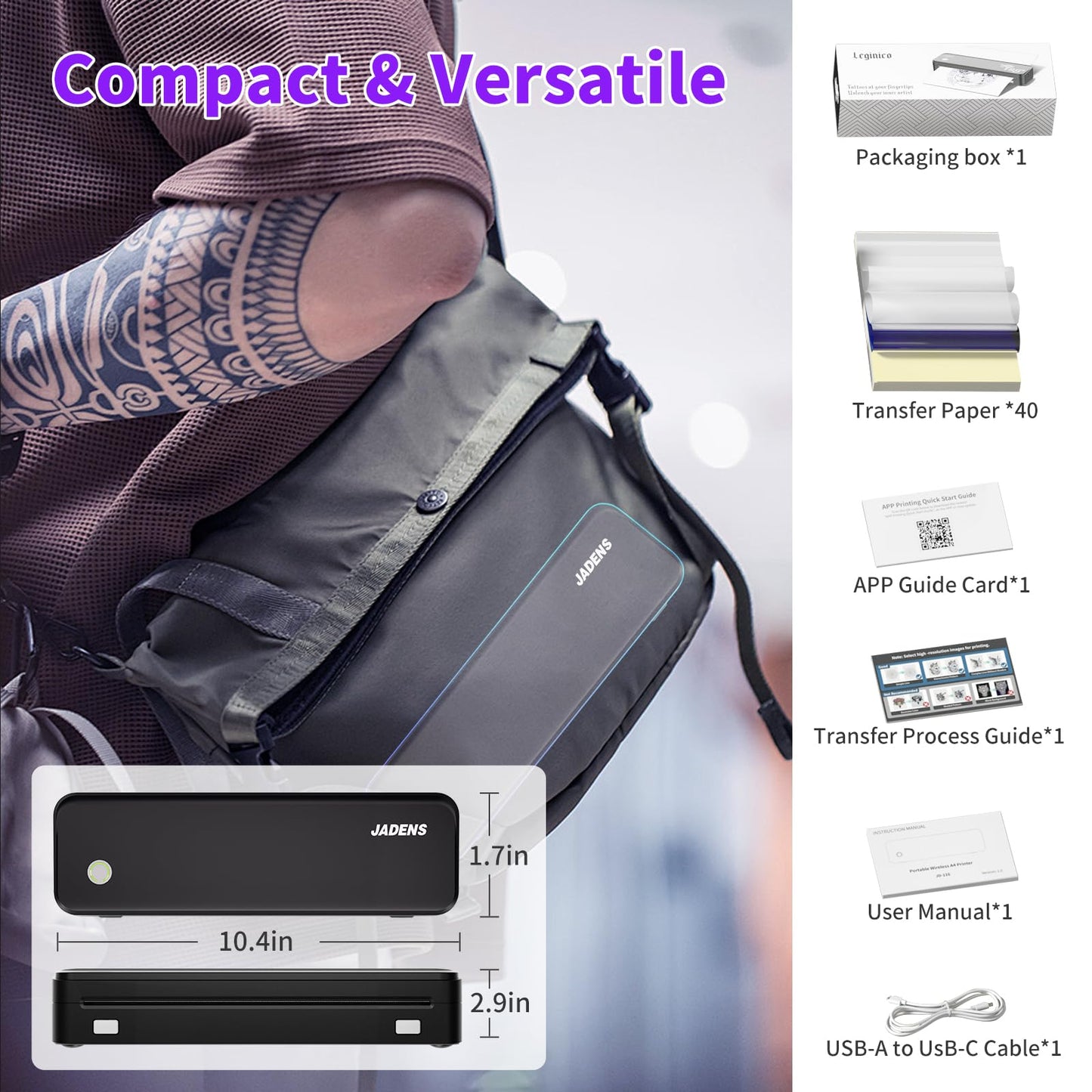 JADENS Tattoo Stencil Printer with 40pcs Transfer Paper, Bluetooth Thermal Tattoo Printer Machine with 2600mAh Battery, Compatible with Android & iOS, PC for Tattoo Artists & Beginners