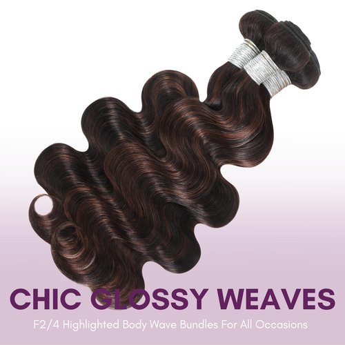 AUROO Brown Highlight Body Wave 3 Bundles Human Hair 10 12 14 Inch, 12A 2-Tone #F2/4 Dark Brown with Chestnut Streaks Ombre Human Hair Bundles 100% Virgin Real Hair Wavy Weave Thick Track Sew in Remy