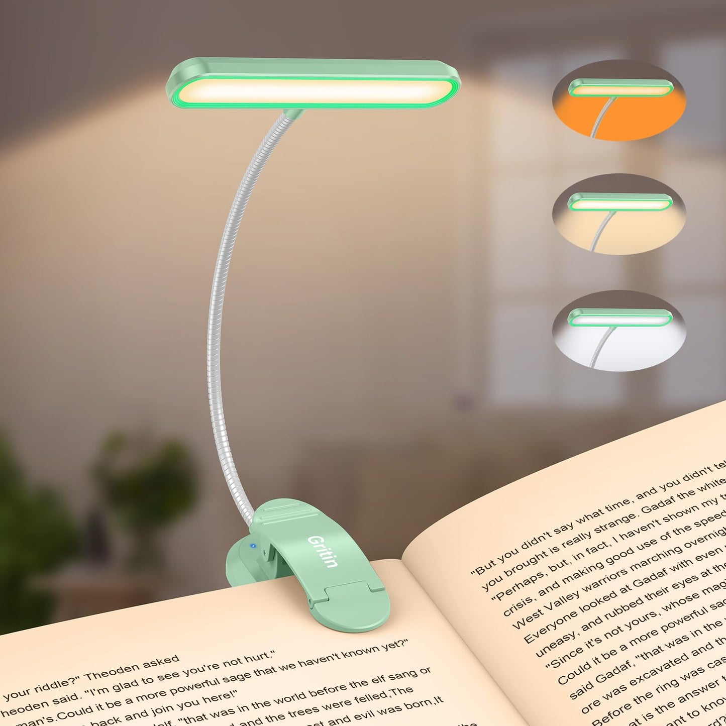 Gritin Rechargeable Book Light for Reading in Bed with 19 LED &Memory Function-Eye Caring 3 Color Temperatures,5 Brightness Levels,80 Hrs Runtime Flexible Goose Neck Clip on Light-Cyan