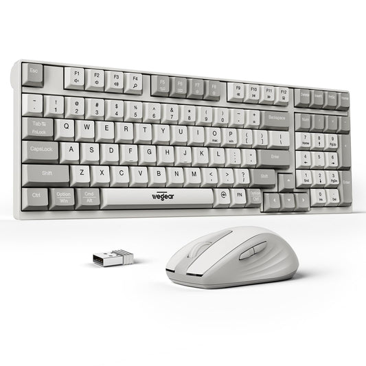 2.4G Wireless Keyboard and Mouse Combo with Silent Touch, One-Key to Switch Windows, Mac OS, Quiet Soft Click, Compact Full-Size (98 Keys) Typewriter Keyboard for PC, Desktop, Laptop, MacBook- White