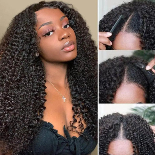 18 Inch V Part Wig Human Hair Curly,V Part KinkyCurly Wig for Women,Glueless Elastic Drawstring No Leave Out No Sew in Upgrade U Part Full Head Clip in Natural Black 12A Human Hair 200% Density