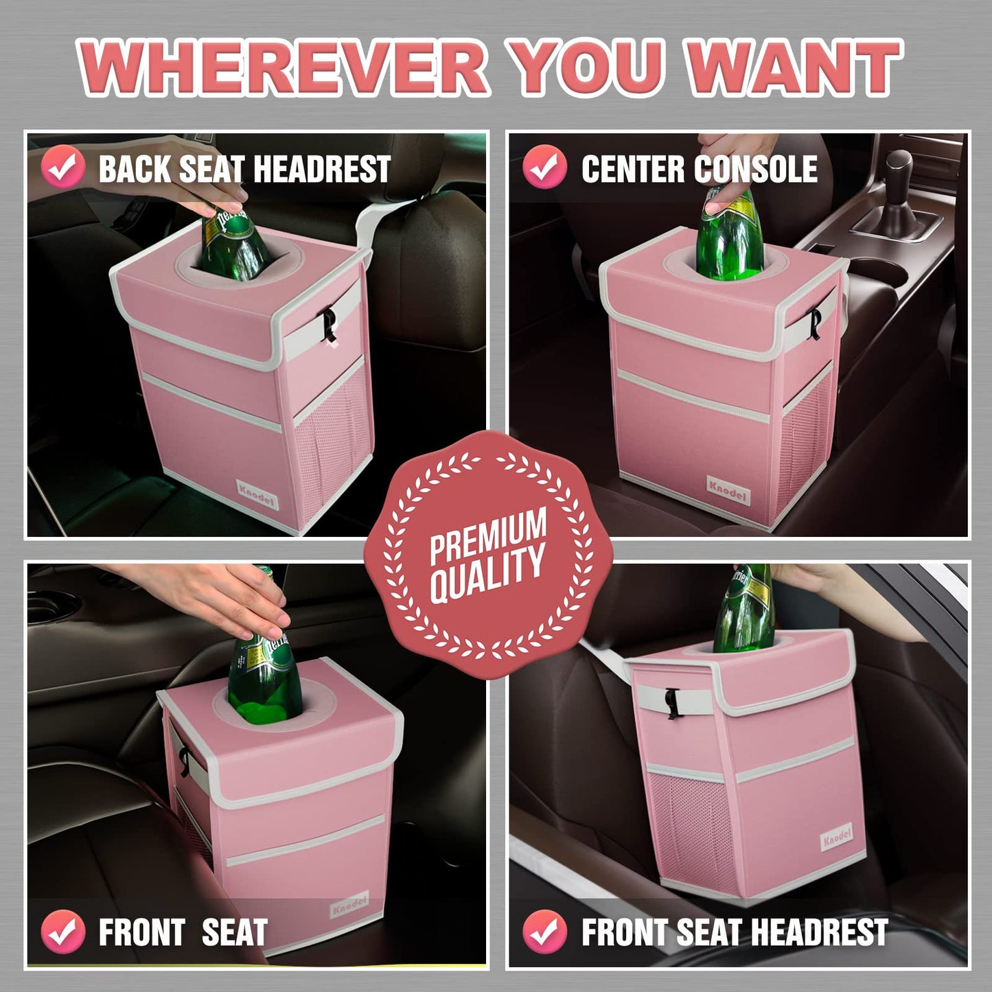 K KNODEL Waterproof Car Trash Can with Lid, Leak-Proof Garbage Bag, Hanging Bin for Women (Pink, Medium)