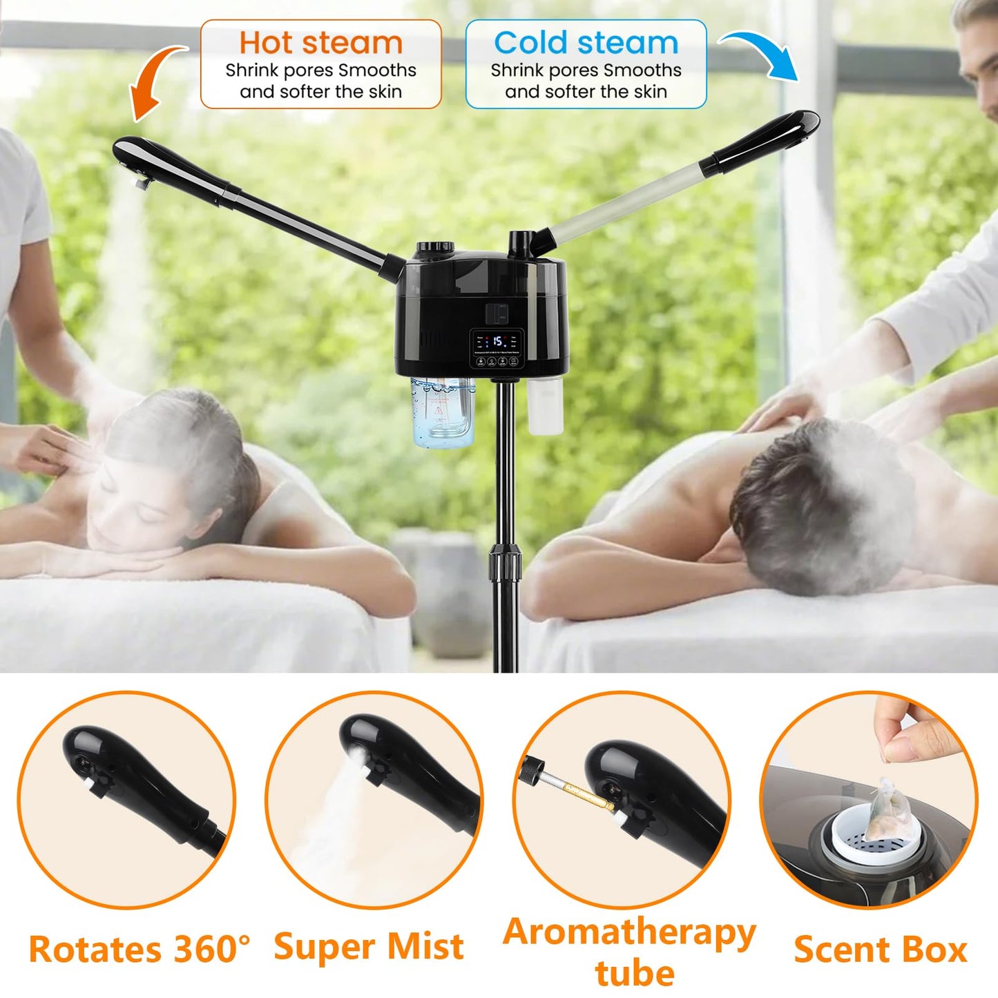 Professional Facial Steamer with Ozone and Hot & Cold Mist, Esthetician Steamer on Wheels, Face Humidifier for Facial Deep Cleaning, Digital Facial Steamer for Home and Salon, Black