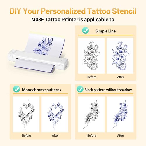 Ponek Tattoo Stencil Printer, M08F Wireless Thermal Tattoo Printer with 10pcs Transfer Paper, Compatible with Phone/Tablet/PC, Tattoo Machine for Tattoo Artists & Beginners, All White