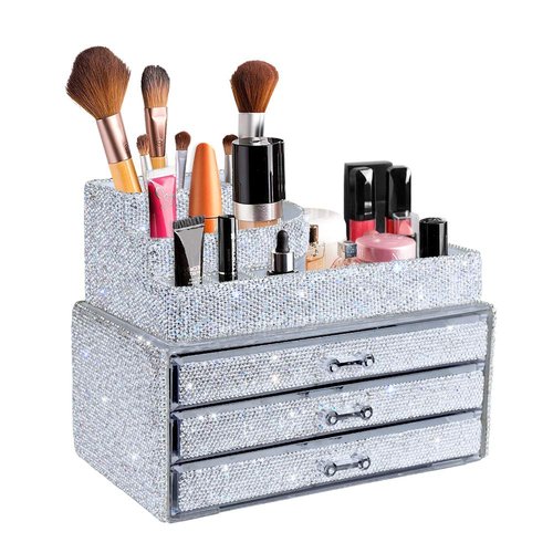 KEYPOWER Makeup Organizers Drawer Bling Diamond,Countertop Jewelry Cosmetic Storage Display Boxes,Makeup Brush Holder,2 Pieces Set(Purely Handmade)(White)