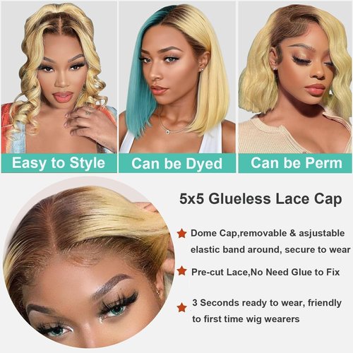 Msviki 5X5 Wear And Go Blonde Wig Human Hair 2.0-613 Upgraded Brown Roots 200% Density Ombre 2 Tone Blonde Wig For Women UHD Pre-Cut Lace Bob Wigs No Mix Fiber Brazilian Virgin Hair 10 Inch