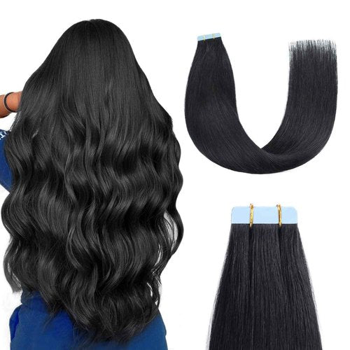 Sunya Tape in Hair Extensions Human Hair Jet Black 26 Inch Straight Black Tape in Hair Extensions #1 60g 20Pcs/Pack