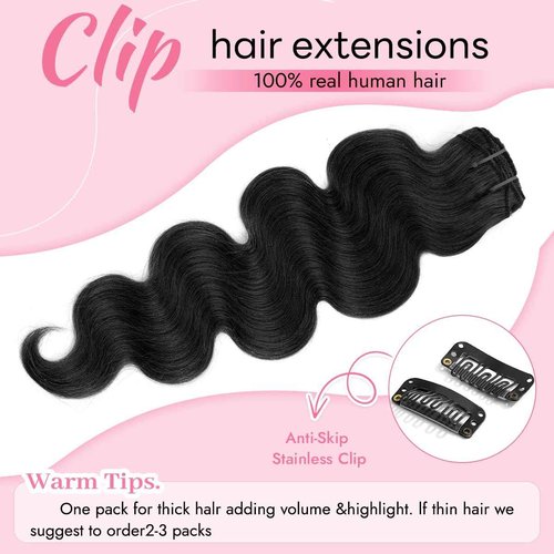 Tandulo Clip in Hair Extensions Real Human Hair Body Wave 1B Natural Black Clip in 100% Brazilian Remy Human Hair Extensions 8pcs Per Set with 18 Clips Double Weft 22 Inch 110g/3.6oz