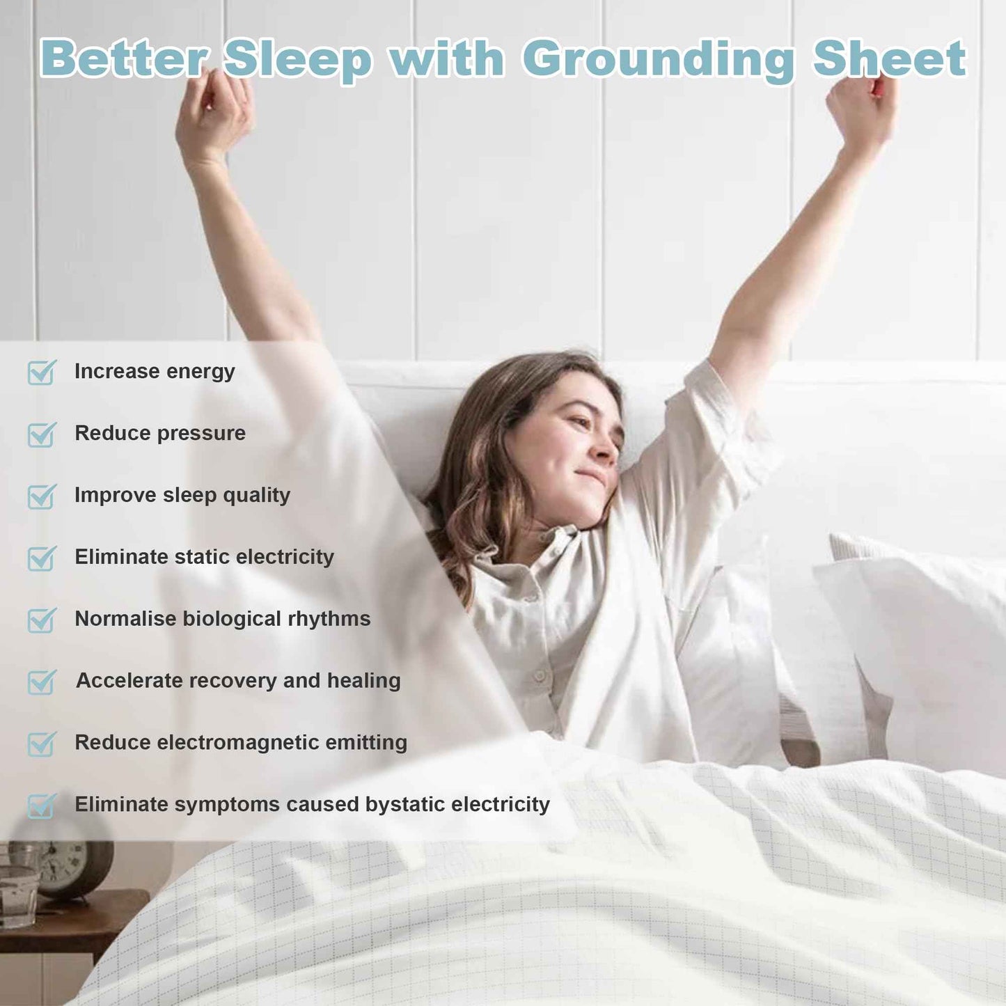 Grounding Sheets Queen Size 10% Silver Fiber Grounding Flat Sheet for Bed Sleeping Therapy with Grounding Cord,Grounding Mat for Bed 90% Organic Cotton (White, 60x80 inch/Queen)