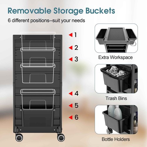 Salon Trolley Salon Cart on Wheels Rolling Tray Large Storage Salon Trolley W/Hair Dryer Holder, 4 Remove Drawers, 2 Buckets for Salon Spa Store
