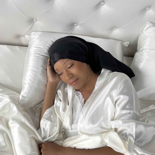 Reversible 100% Real Silk Long Hair Reversible Sleep Bonnet - Wide Band, Adjustable Tie, 22 Momme Mulberry Silk - Black