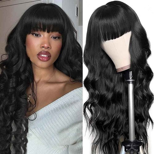 Sooolavely 22 Inch Body Wave Wigs with Bangs Human Hair Wig for Women Machine Made None Lace Front Wigs 180% Density Brazilian Virgin Human Hair Glueless Wig with Adjustable Drawstring Natural Color