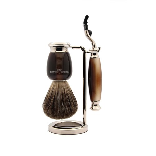 Edwin Jagger S81M582AMZ Imitation Light Horn & Nickel Classic Shaving Set with Pure Badger Shaving Brush and Mach 3 Razor for Shaving Cream or Soap for Men
