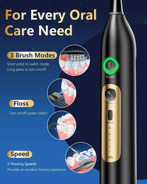 Electric Toothbrush with Water Flosser Combo, Professional Oral Care with 3 Brush Modes & 5 Water Pressure, Rechargeable Flossing Toothbrush for Adults Teeth Cleaning, Cordless for Home&Travel, Black
