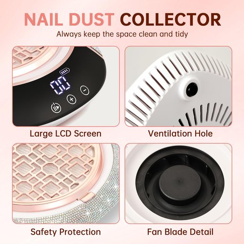 CHRISTINE SHELLY 3500RPM Cordless Nail Dust Collector,Portable Dust Collector Nail Tech with LED Display,Rechargeable Dust Suction Machine with Reusable Fillter for Acrylic Gel Polish,Salon & Home